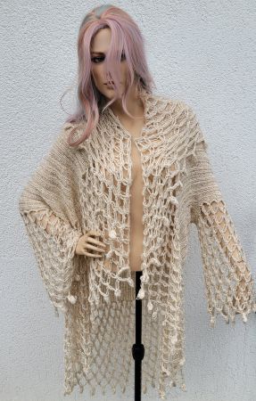Boho Strickjacke Häkeloptik beige Gr. S/M Blogger Style C...