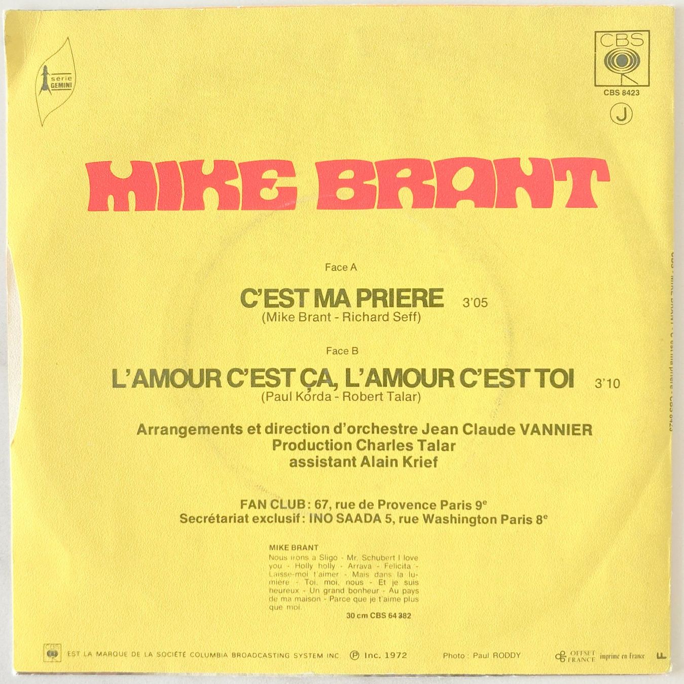 Dischi in vinile: MIKE BRANT - C'EST MA PRIERE – Usato da Bottens venduto da hotter-than-hell 1