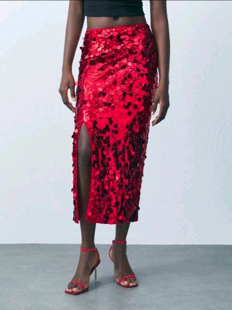 🆕 Roter Pailletten Midi-Rock - M - Party / Side Slit