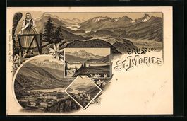 Litho St. Moritz, Panorama mit Ort und G