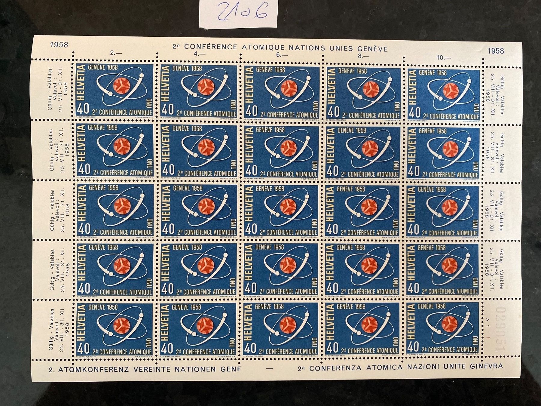 Alle Briefmarken: 1958 Bogen Nr. 338 postfrisch Frankaturware Atomkonferenz ** – Neu (gemäss Beschreibung) aus Wil SG von Chefsugus
