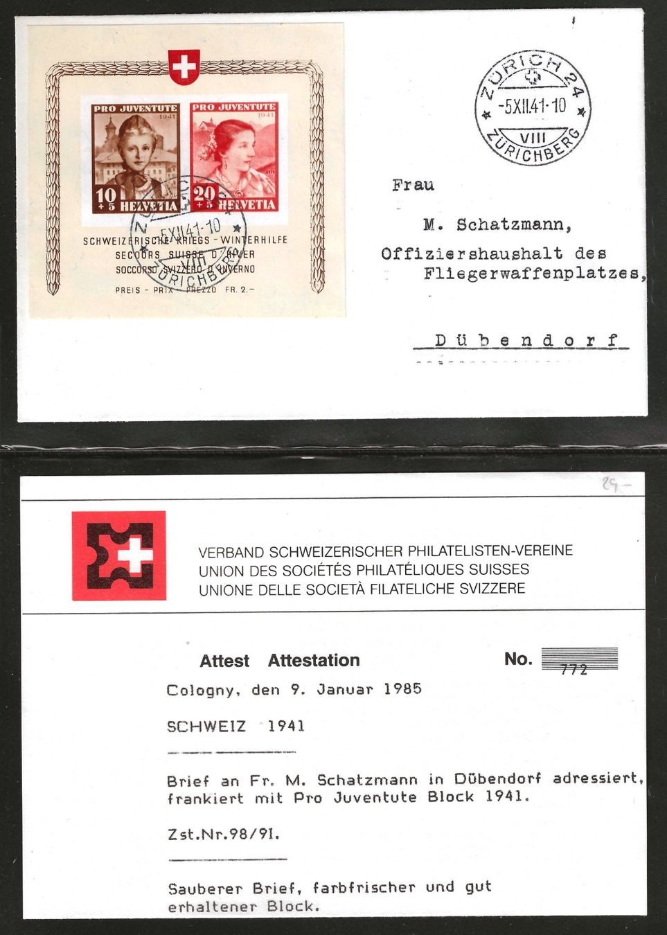 Alle Briefmarken: 1941 : Pro Juventute Block auf Brief - mit Attest – Gebraucht aus Gümligen von Geniusbuy