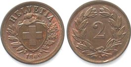 EIDGENOSSENSCHAFT 2 Rappen 1866 Bronze SELTEN!
