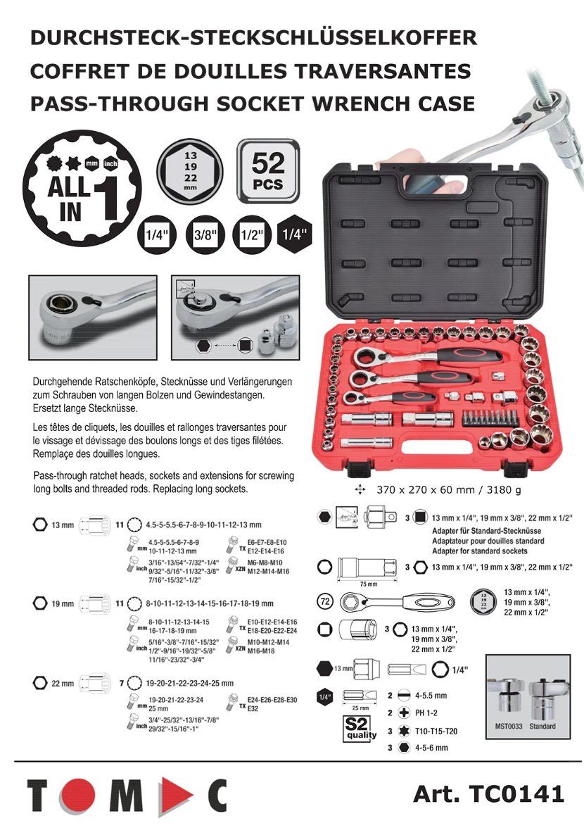 Alle Werkzeuge: Tomac Durchsteck Steckschlüssel Satz 1/4" + 3/8" + 1/2" – Neu und originalverpackt aus Koppigen von Bracher_Mail-House 1