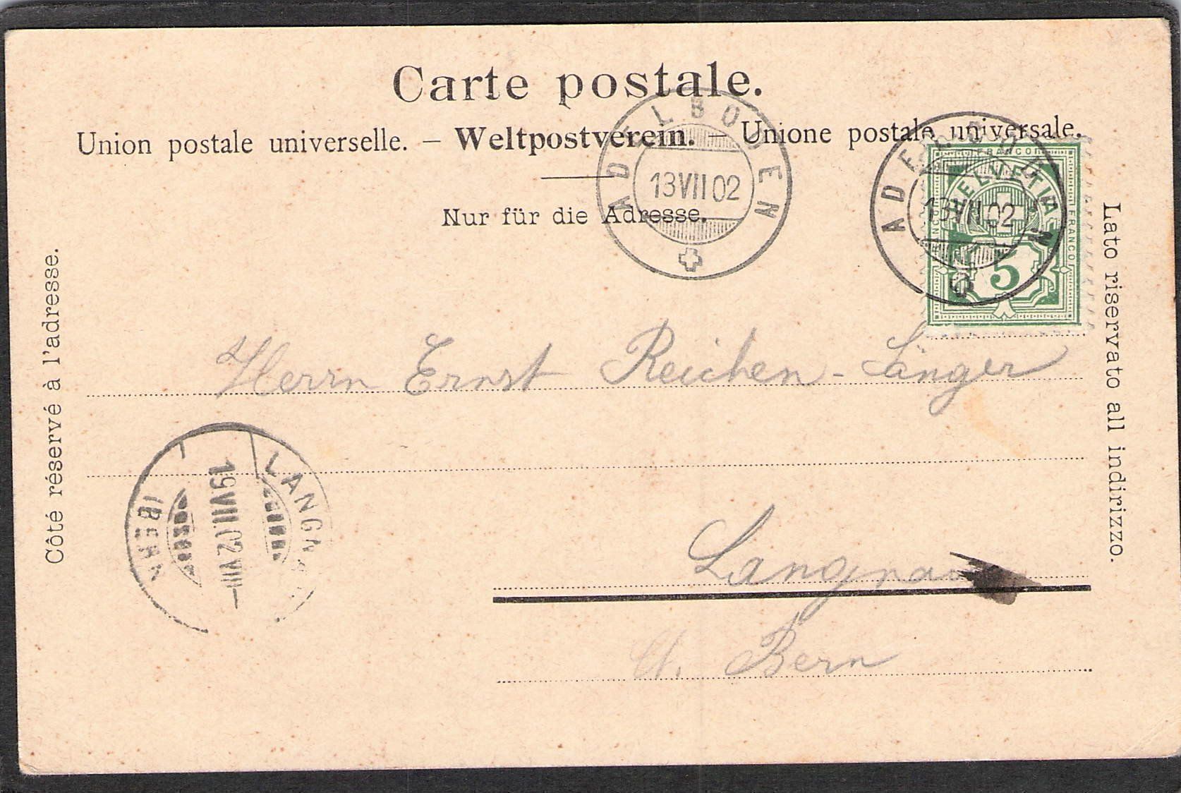 Cartoline postali: ^Adelboden , gel. 1902 – Usato da Reichenburg venduto da Pipo-67 1
