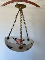 Hängelampe Glas mattiert mit Rose, Messingkette, 40er Jahre