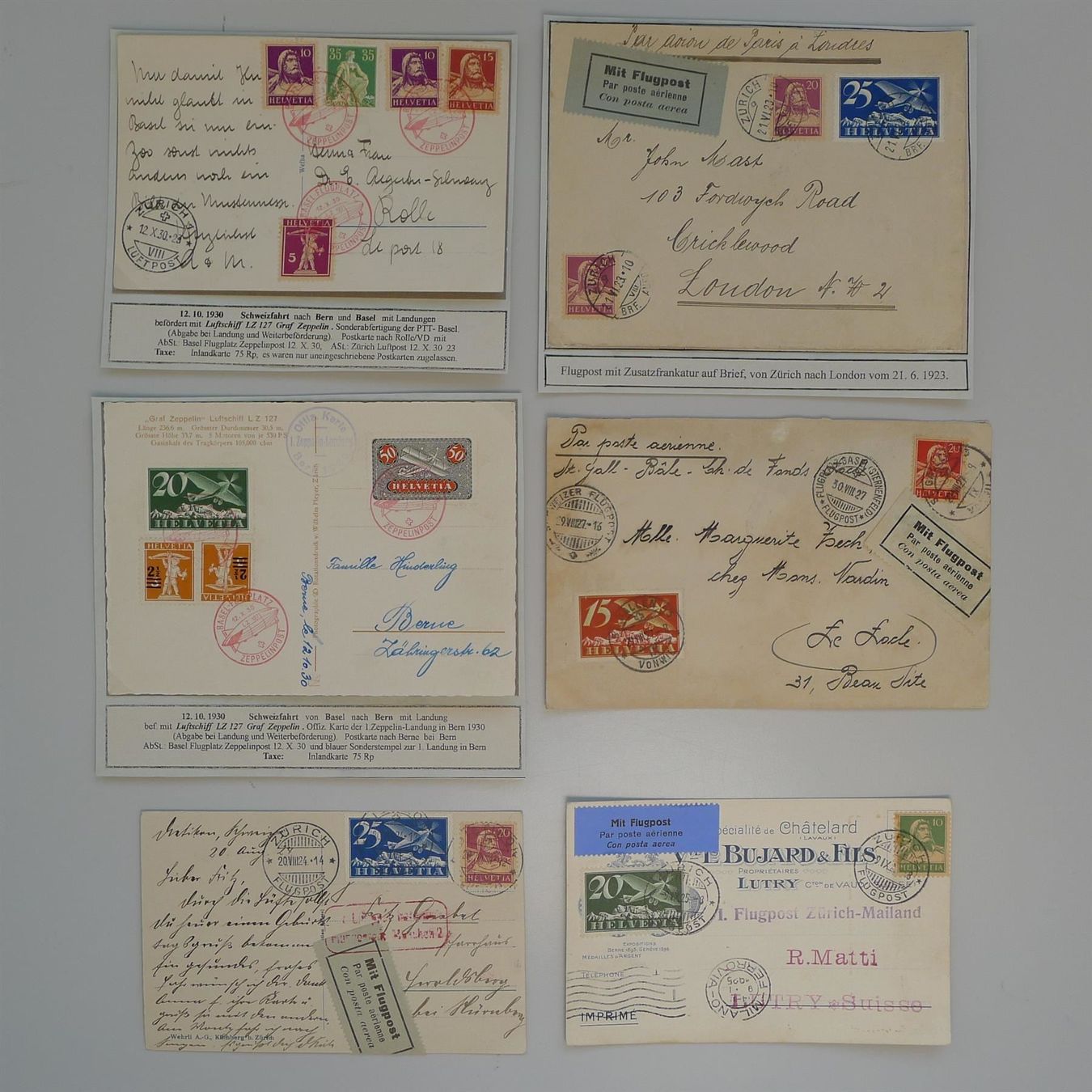 Tutti i francobolli: 1922-1930, SECHS tolle Flugpost Karten/Briefe, ++ZEPPELIN – Usato da Sursee venduto da Luzernerraute