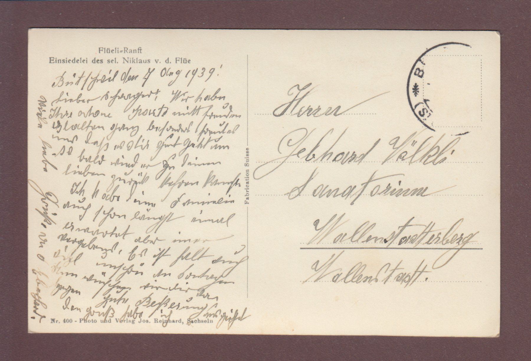 Cartoline postali: FLÜELI-RANFT - Einsiedelei - 1939 – Usato da Pully venduto da nicecards 1