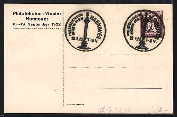 Cancelleria postale: Hannover, Philatelisten-Woche 1922, Stad – Usato da Berlin venduto da bartko-reher 1