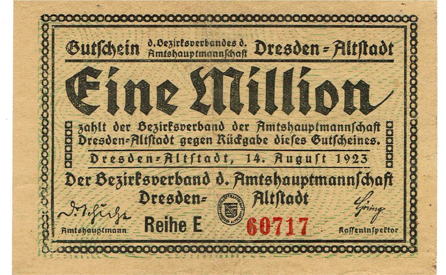 Banconote: Dresden 1 Mil.Mark 14.08.1923 VZ Reihe E – Usato da Steffisburg venduto da ber_8htf