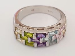 Silberring 925 mit bunten Steinen, Grösse 19.3 mm,