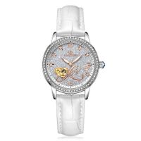 ⌚ Damenuhr Automatikuhr Skelett Leder Weiss Steinbesatz NEU
