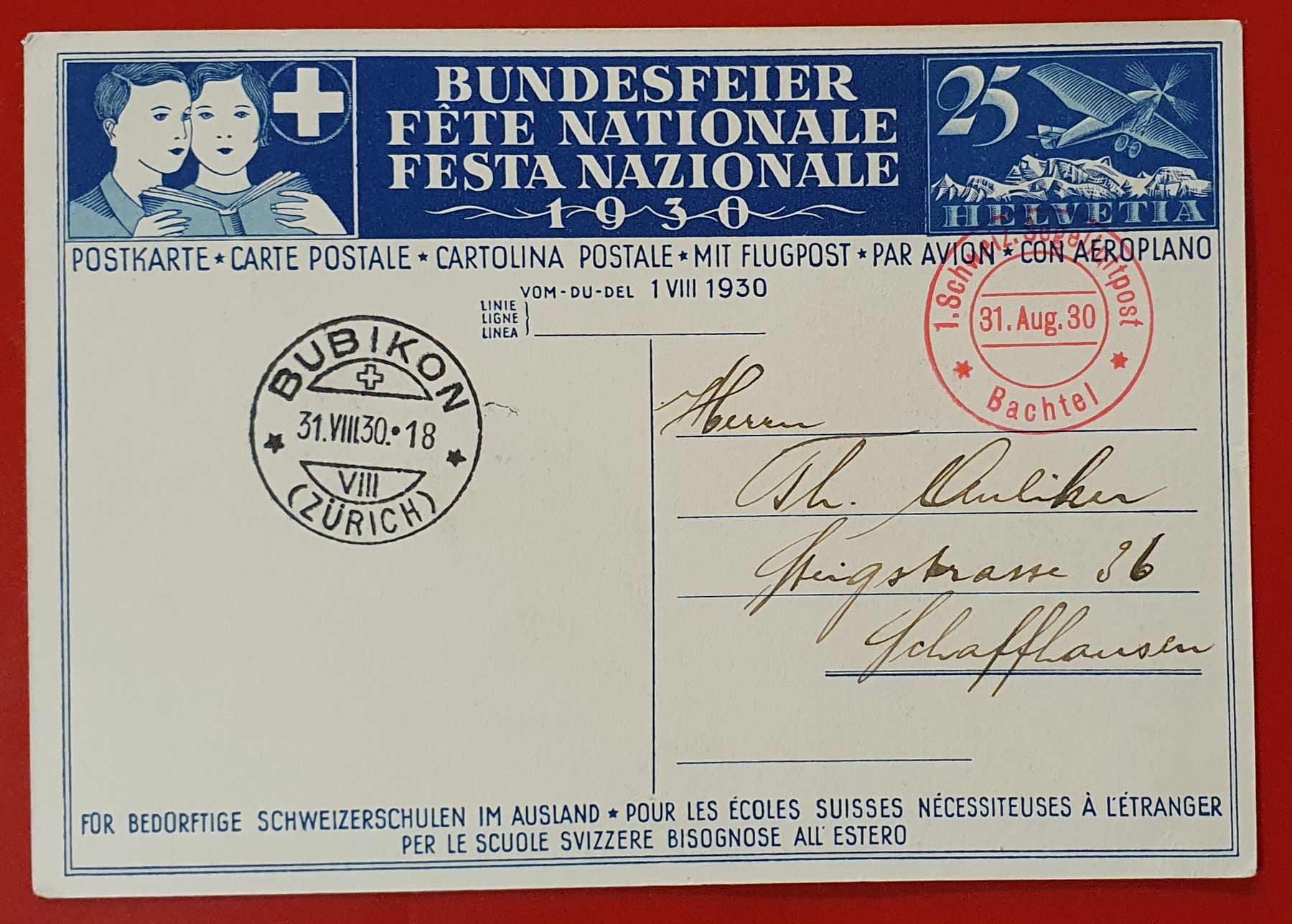 Tutti i francobolli: 2 Bundesfeierkarten 1930 - 1.Segelflugpost Bachtel – Usato da Kreuzlingen venduto da Rschweiz1 2