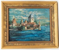 Ölgemälde: Schloss Oberhofen am Thunersee mit Goldrahmen