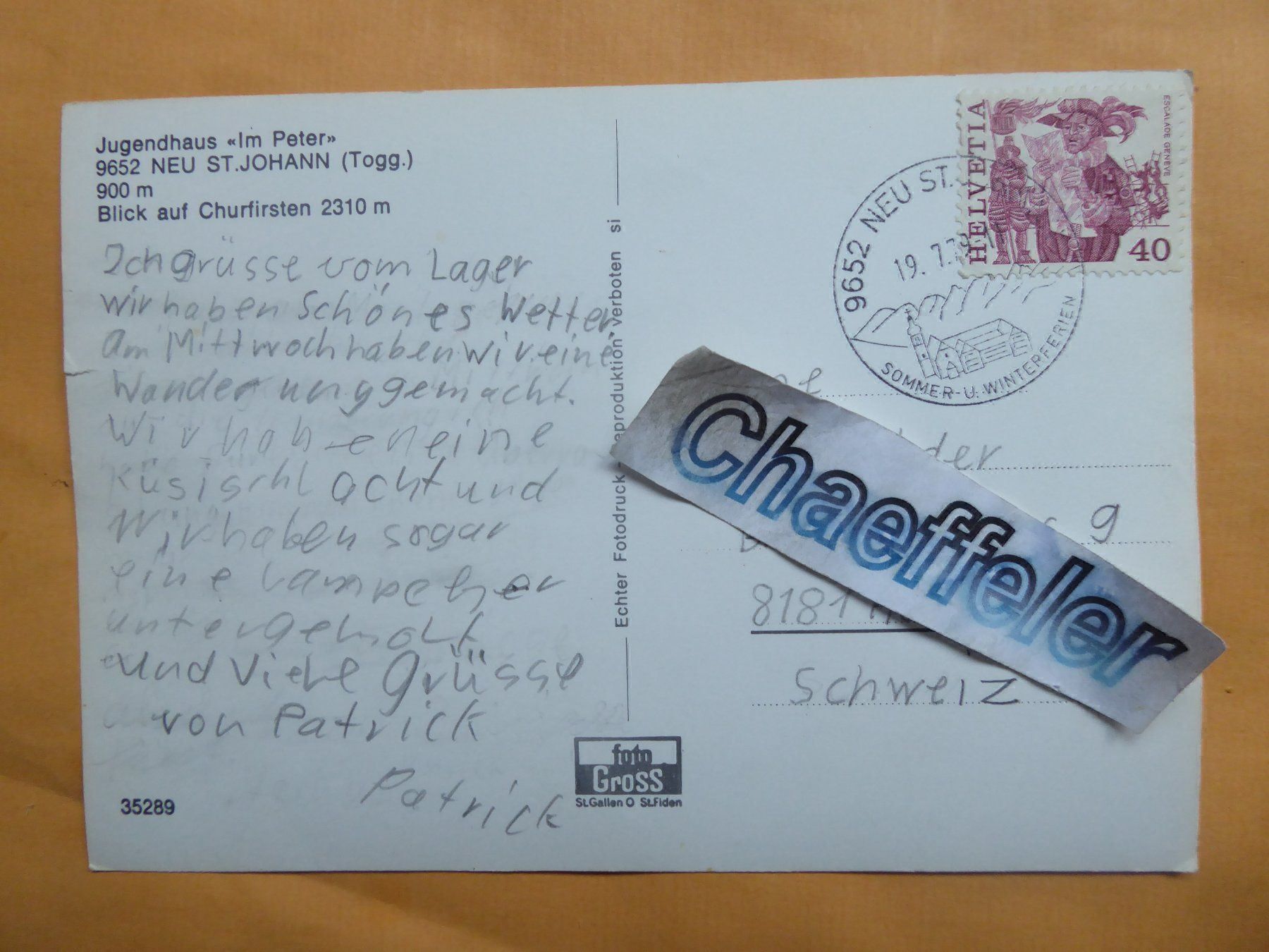 Cartoline postali: 1979 Jugendhaus "im Teter" Neu St. Johann – Usato da Zürich venduto da Chaeffeler 1