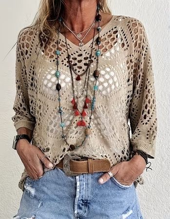Damen Häkel-Shirt, khaki XL