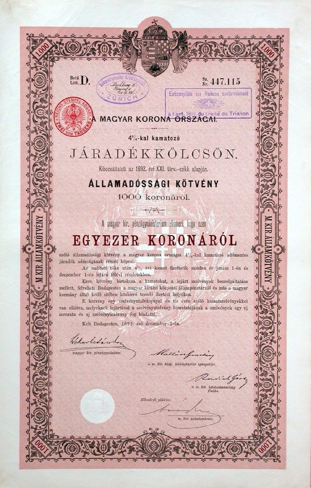 Documenti: 4% Königreich Ungarn , Budapest - 1892 – Usato da Solothurn venduto da Sgasche