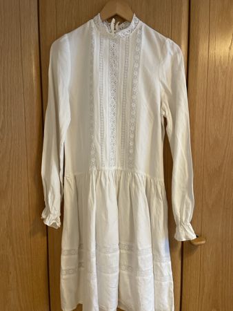 Matin White Lace Trim Mini Dress - 55% Silk 45% Linen - M/L 