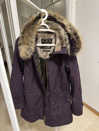 Barbour Parka Jacket Purple Faux Fur Hood Size UK 10