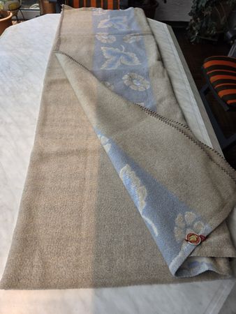 Wool Blanket Blue Beige Floral Pattern