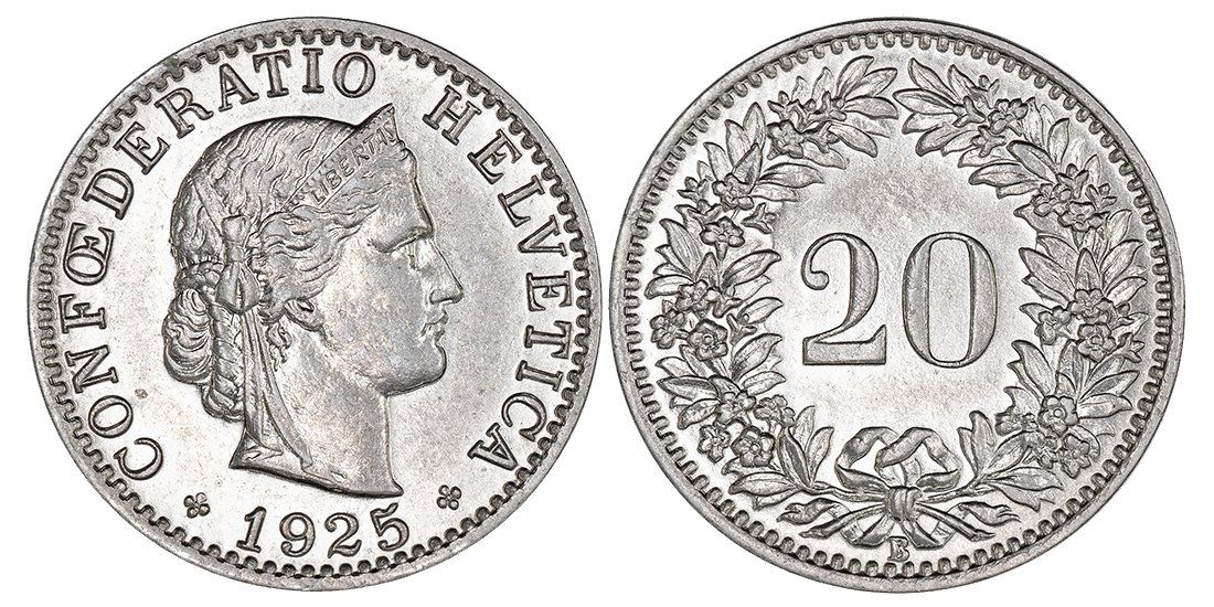 Alle Münzen: 20 Rappen von 1925 (Unzirkuliert) – Neu (gemäss Beschreibung) aus Schmidrüti von Jamesdeal