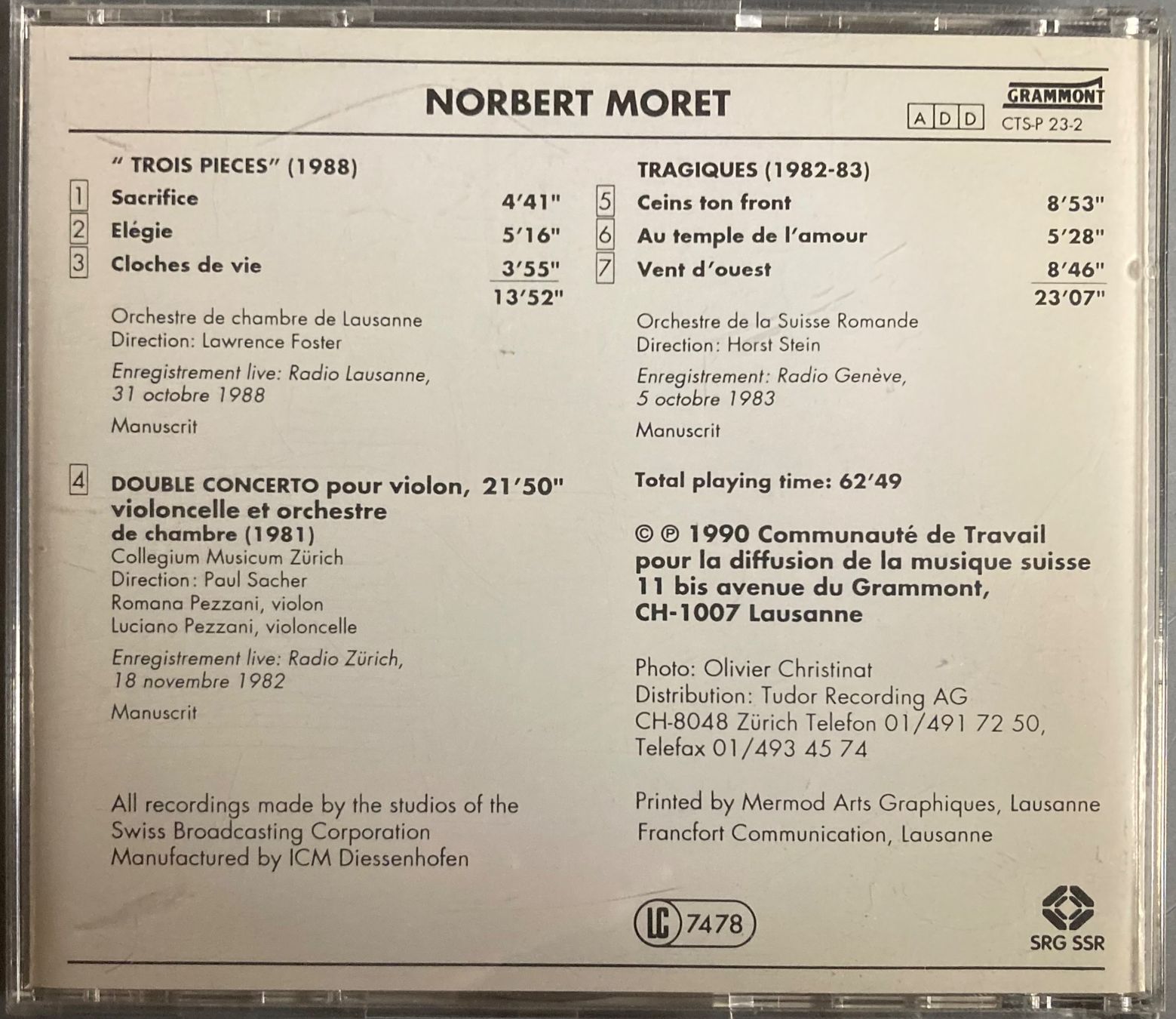CD: NORBERT MORET - TROIS PIECES, DOUBLE CONCERTO, TRAGIQUES – Usato da Poliez-Pittet venduto da Newtown-Records 1