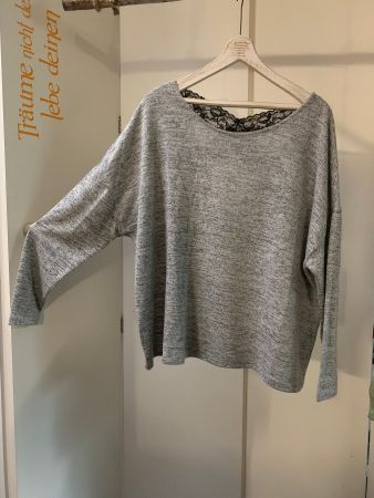herziges graues Langarm-Shirt mit Spitze am Rücken, L-XL