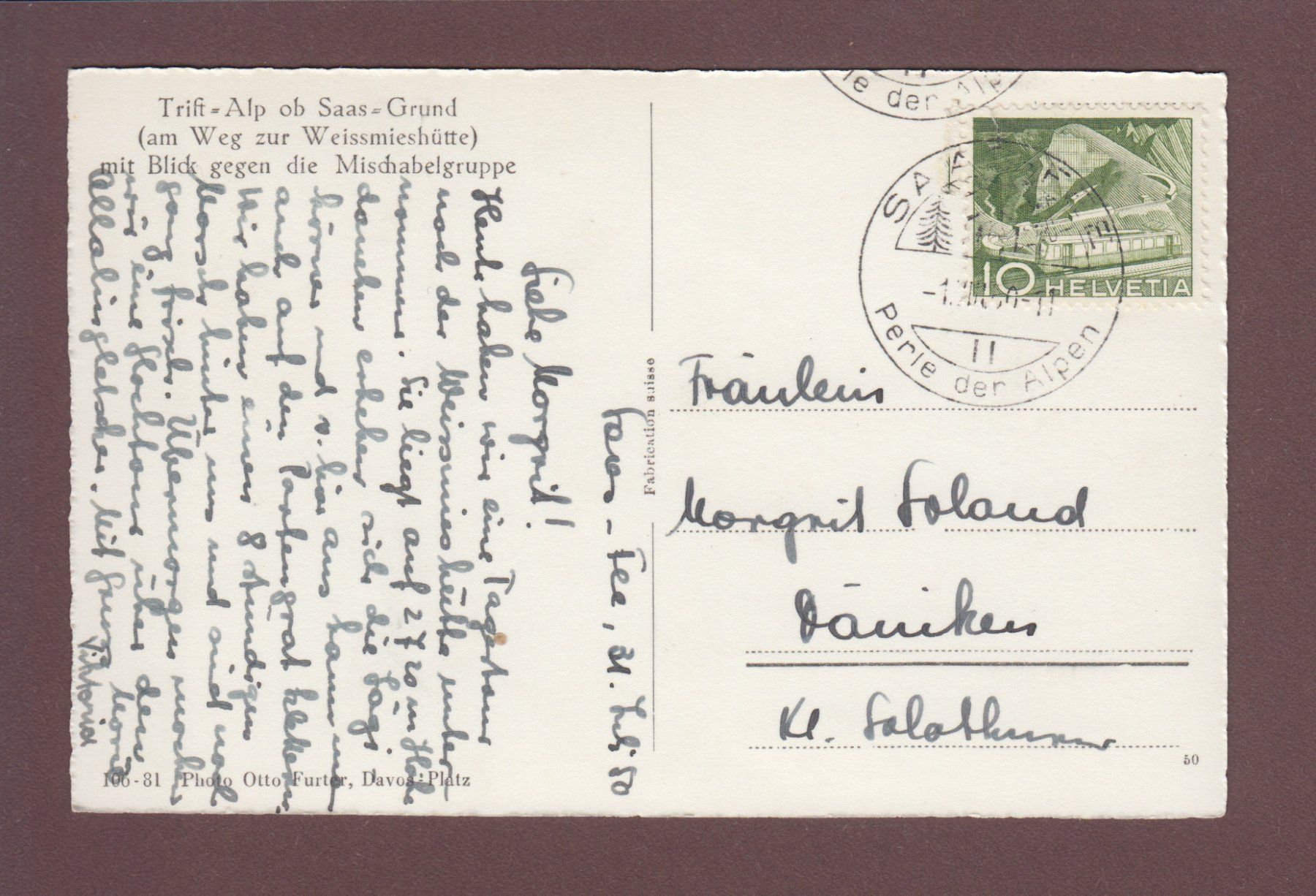 Cartoline postali: TRIFT-ALP ob Saas-Grund - 1950 – Usato da Pully venduto da nicecards 1