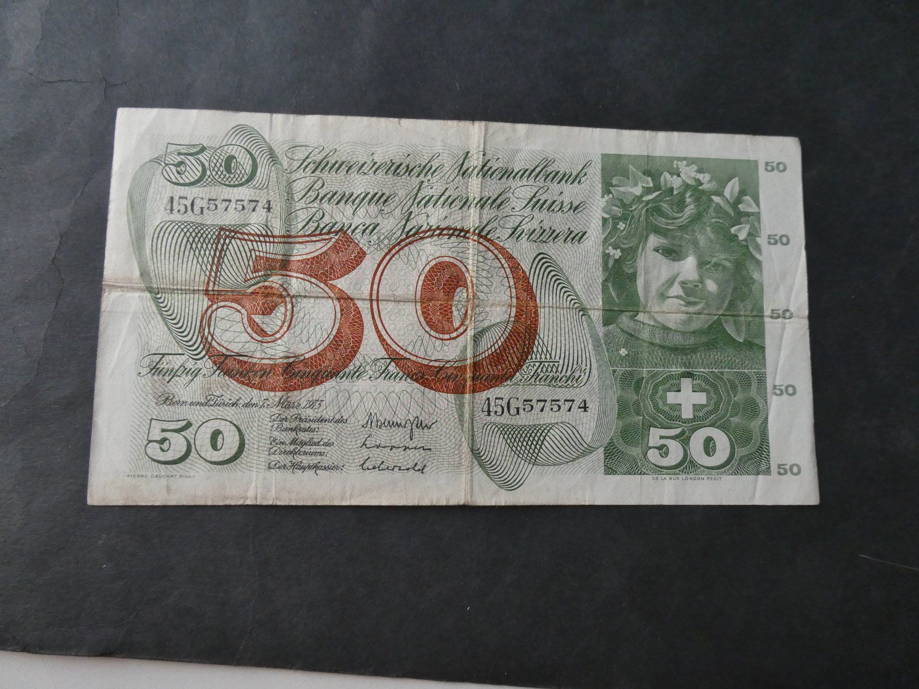 Banknoten: Schweiz 1973,  50 Franken – Gebraucht aus Hinterforst von Rohusri