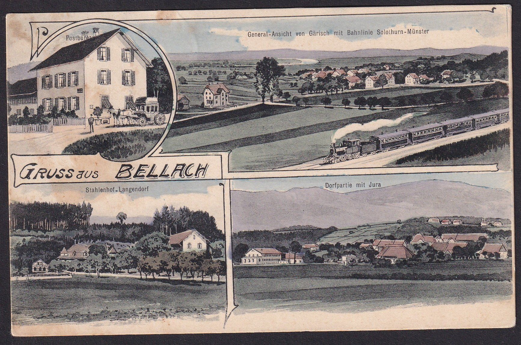 Ansichtskarten: Bellach 4 Bilder Postbureau Bahnlinie etc. Lithoähnlich – Gebraucht aus Olten von clotaldi