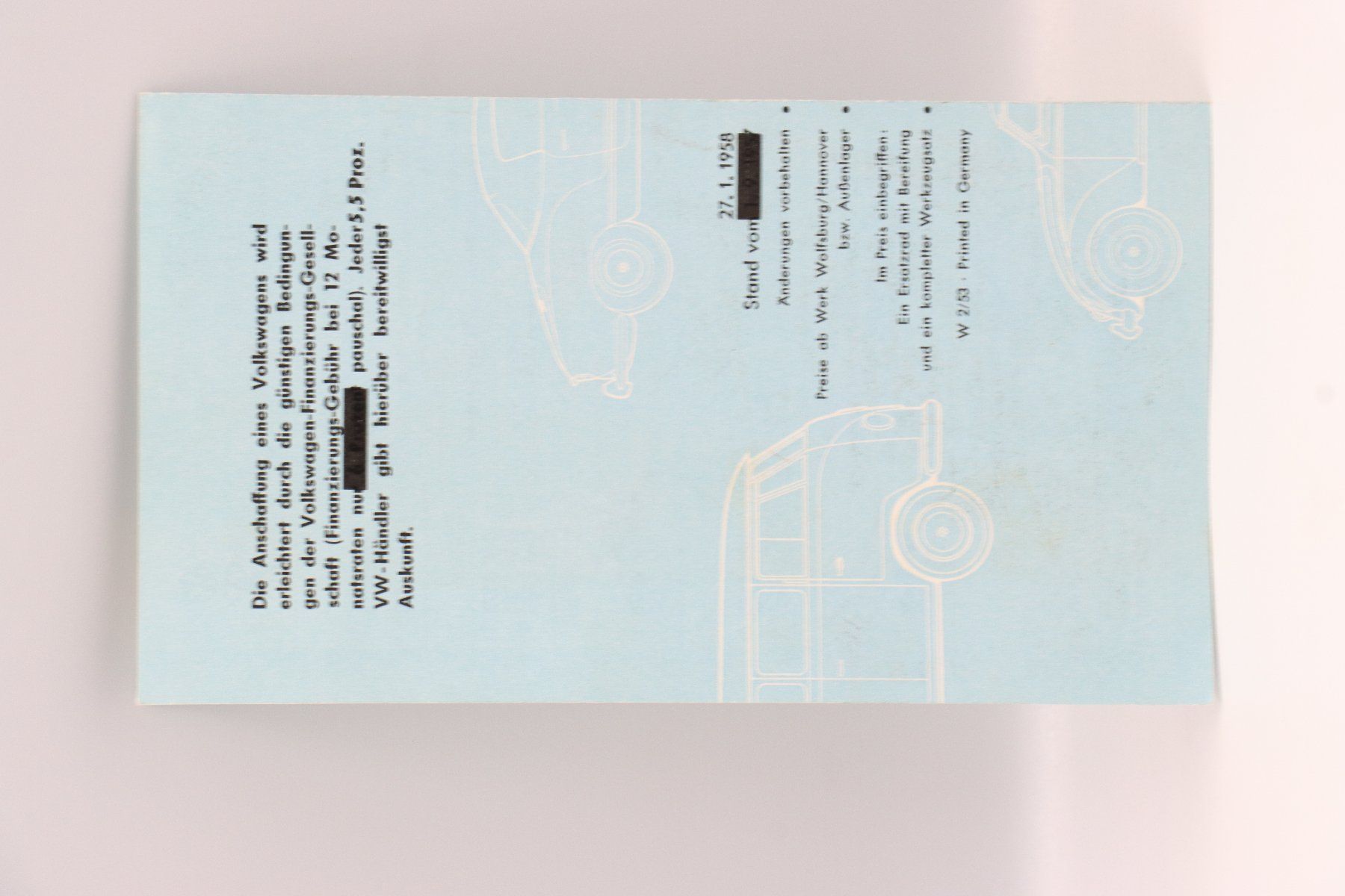 VW Documenti: VW Käfer / Bulli / Karmann Preisliste 1958 Prospekt – Usato da Bühl b.Aarberg venduto da Collectorpassions 1