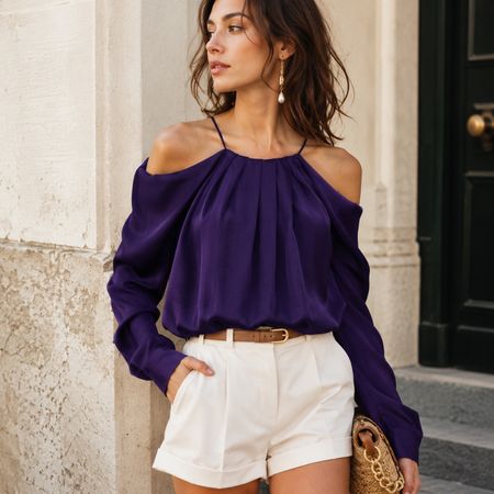 MANGO auberginefarbene Bluse mit freien Schultern NEU 69.95