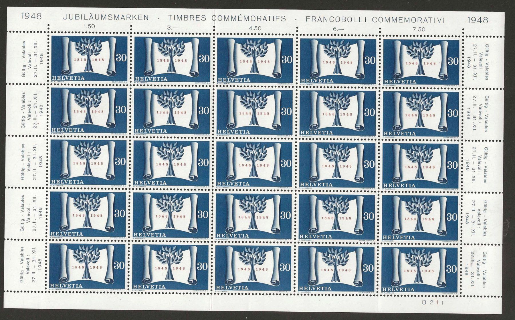 Tutti i francobolli: 1948 : Serie Nr. 281 - 284 im Bogen, postfrisch ** – Nuovo (secondo la descrizione) da Gümligen venduto da Geniusbuy