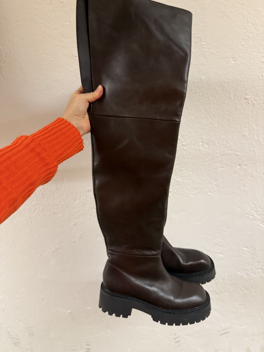 Scarpe da donna: Brown Leather Thigh High Chunky Boots - mango – Usato da Adliswil venduto da dai_yr5z