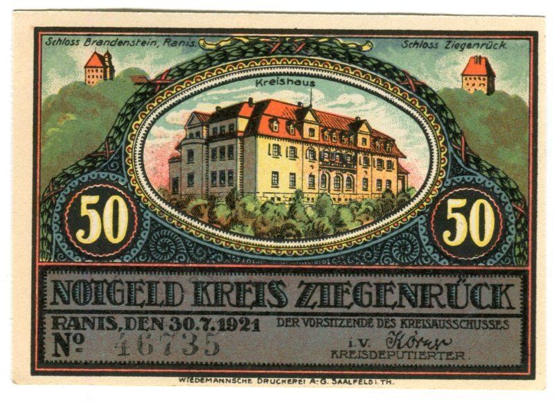 Banknoten: Notgeld "50 Pfennig. Ziegenrück 1921" – Gebraucht aus Basel von Butsch5 1