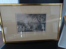 Luzern   -   alter Stich Quartier bei Hofkirche , gerahmt