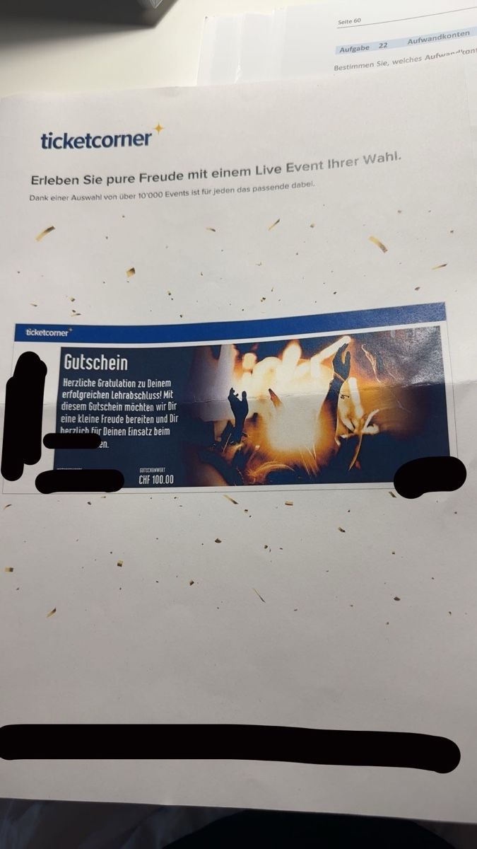 Ticketcorner Gutscheine: 100.- Gutschein Ticketcorner – Neu und originalverpackt aus Zollikofen von dad_y9xm