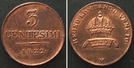 LOMBARDO-VENETO 3 Centesimi 1822 M FRANCESCO I d'ASBURGO vz+