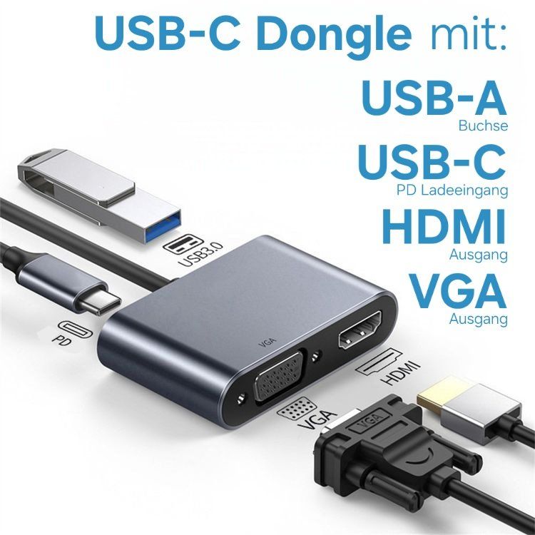 Kabel: USB-C Dongle mit VGA + HDMI + USB-C + USB-A / USB 3.2 – Neu und originalverpackt aus Uster von -FPS-