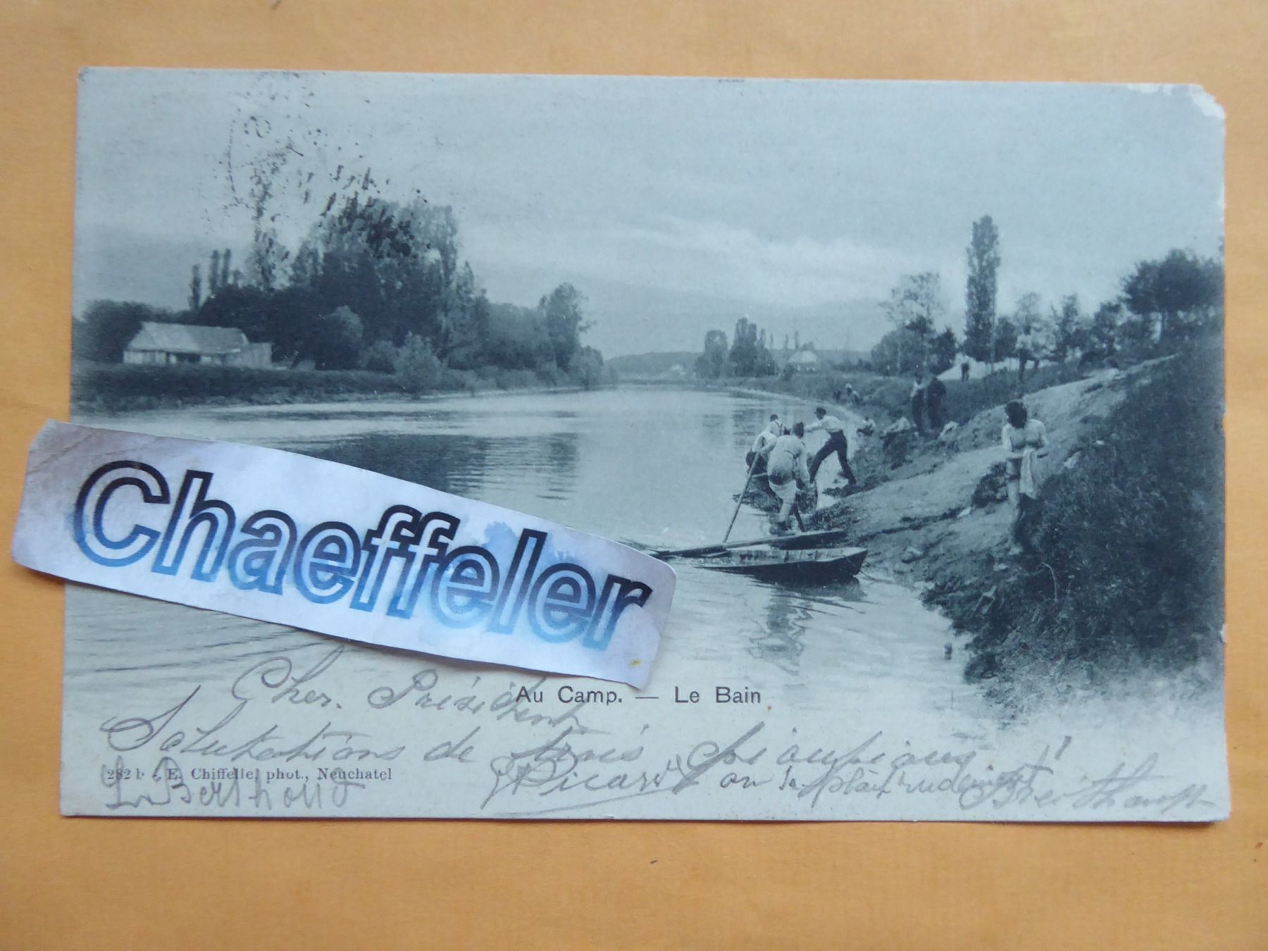 Ansichtskarten: 1905  Au Camp.  -  Le Bain.  Militärpost – Defekt aus Zürich von Chaeffeler