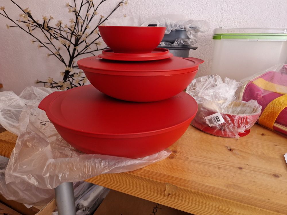 TUPPERWARE Allegra bol 3,5 L blanc rouge + Couverts à salade