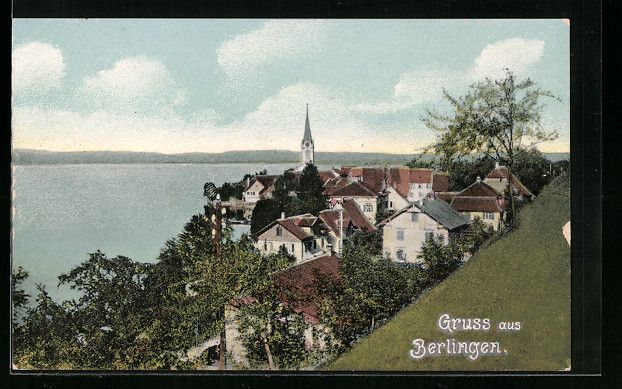 Cartoline postali: Berlingen, Blick über den Ort mit See u – Usato da Berlin venduto da bartko-reher