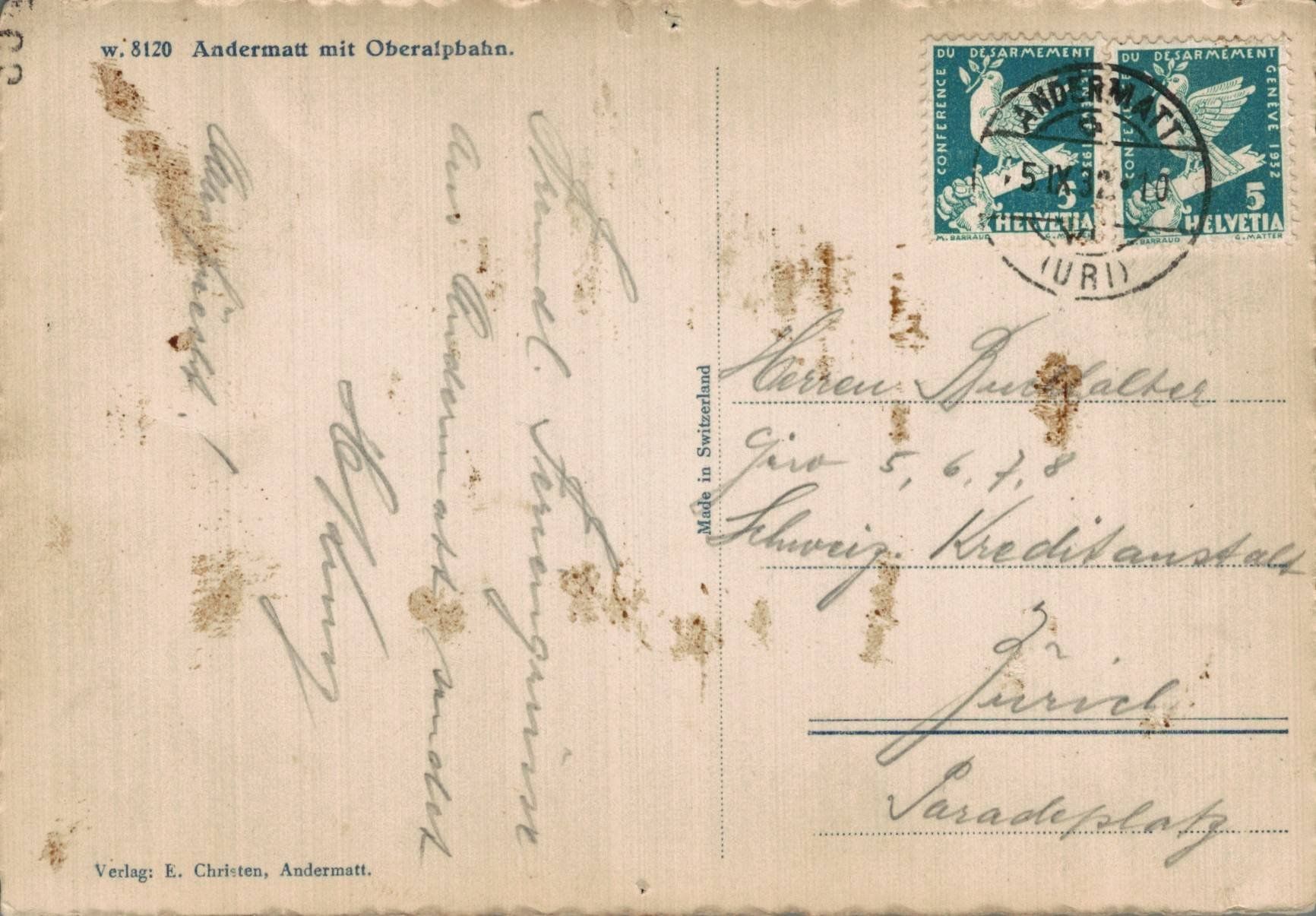 Ansichtskarten: Ansichtskarte Andermatt mit Oberalpbahn gel. 1932 – Gebraucht aus Luzern von Kartenansicht 1