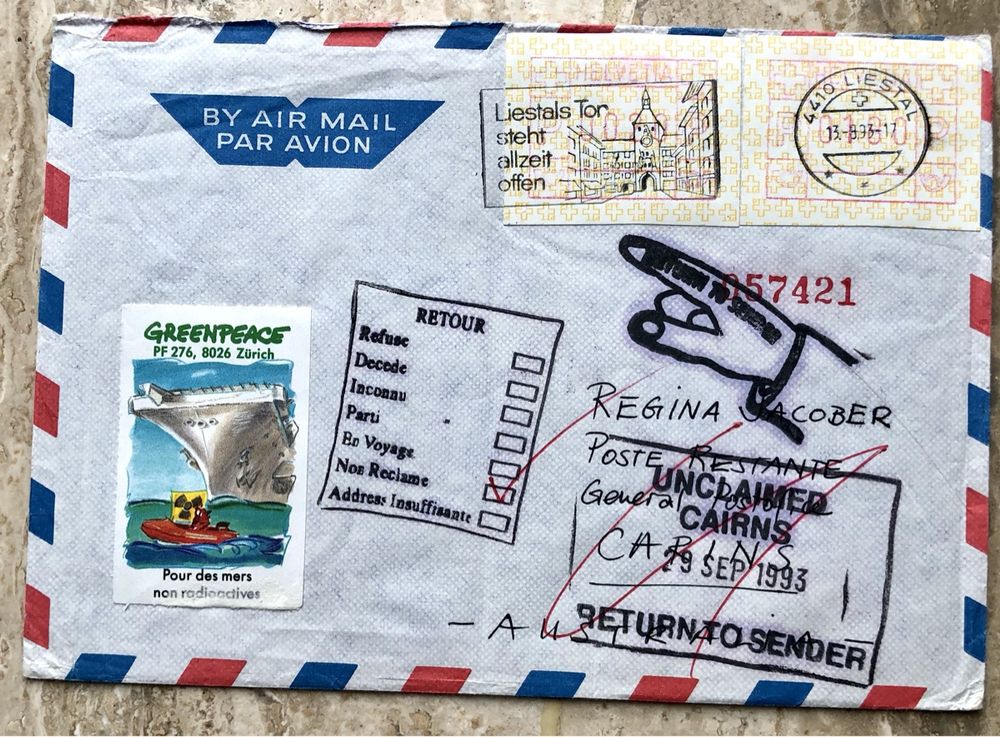 1993, Flugpost, Stempel retour, Mit Automatenmarke CH - AUS (D'occasion ...