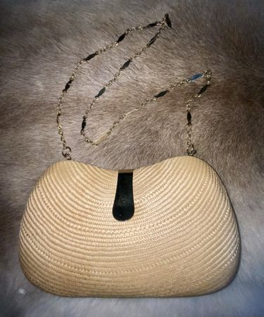 Vintage Strohtasche, beige Clutch, Sommertasche mit Kette