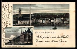 AK Büren a. A., Fabriken in der Außenansicht, Kirchturm