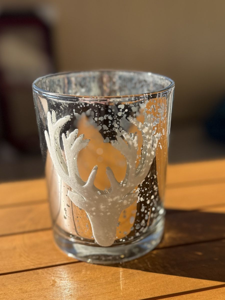 Kerzenständer: Windlicht Glas mit Rehkopf, Silber – Gebraucht aus Oberägeri von eladiel