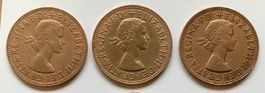 3 British Münzen - One Penny 1962-64 / Königin Elisabeth ll