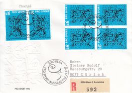 1992 W73 Pro Sport FDC 25.8.92 3000 Bern chargé Viererblock