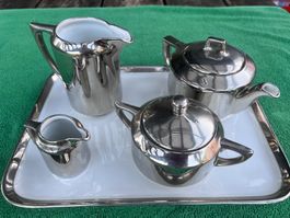 Kaffeegeschirr Set 5-teilig versilbert Keramik mit Tablett